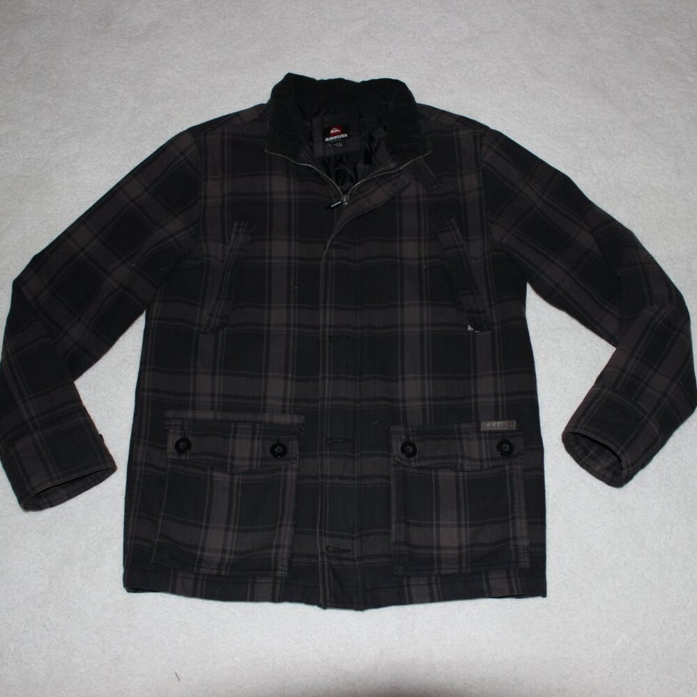 Quiksilver Flannel Plaid Corduroy Black/Grey L Large Warm Coat "Swag" Jacket